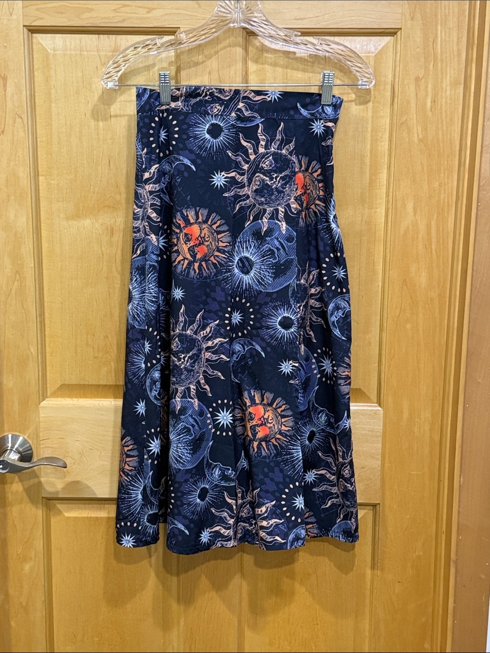 Wowo Celestial Print A-Line Skirt - Navy with Orange Accents size S